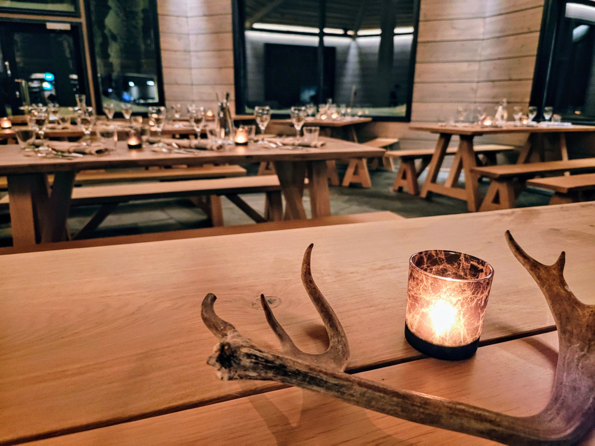 Reindeer horn and candle on oak table